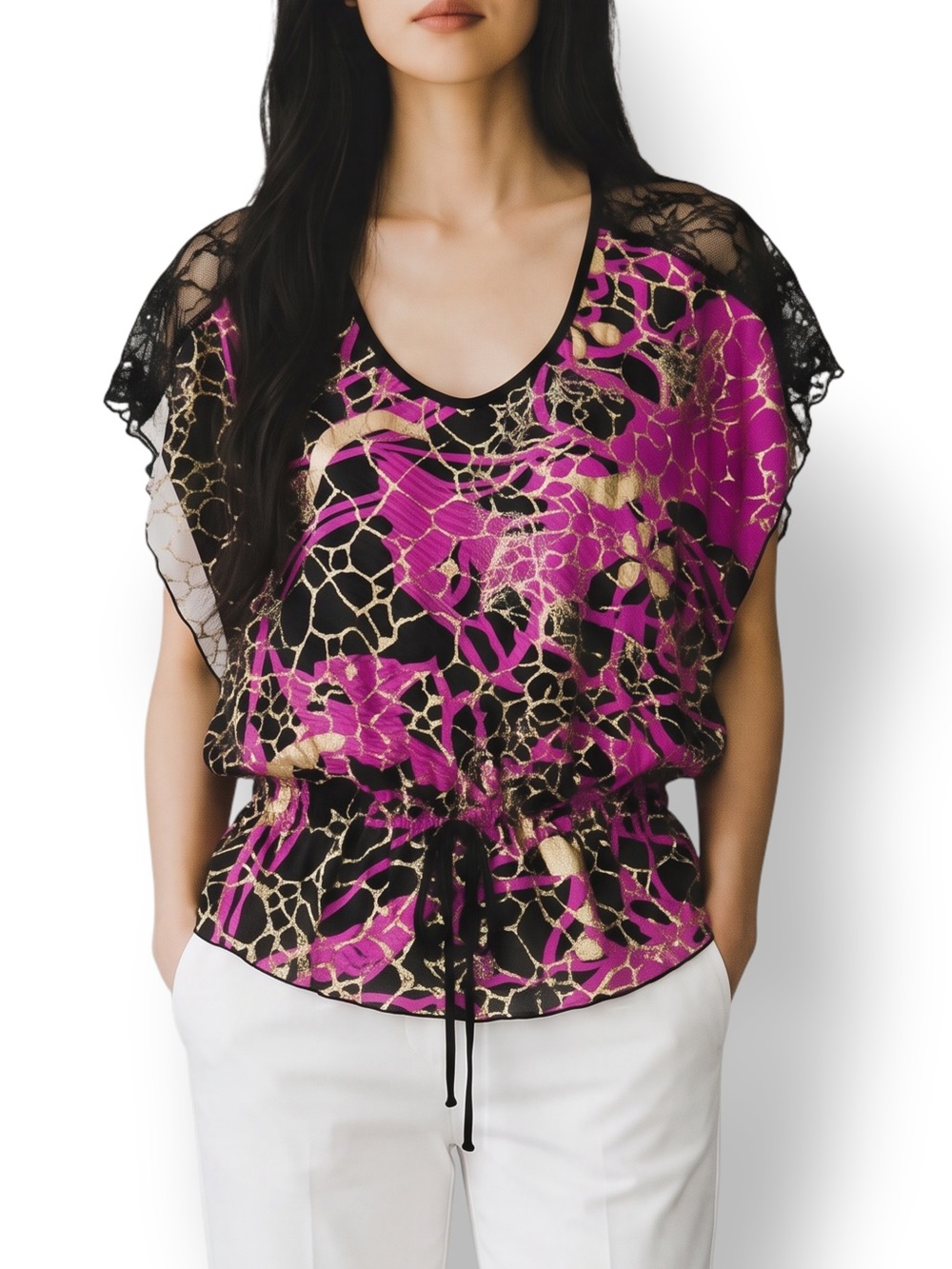 4/$20 Cleo Apparel Sheer Black Lace Back Dolman V-Neck Purple Top Small